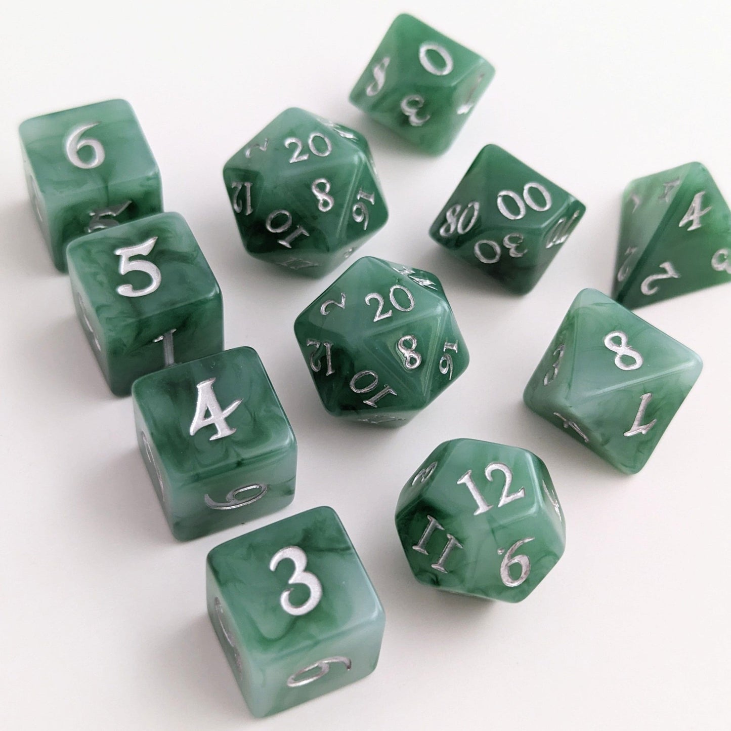 Jade Dice Set – 7 or 11 - Piece Green White Swirled DnD Dice | Fennek & Finch - Fennek and Finch