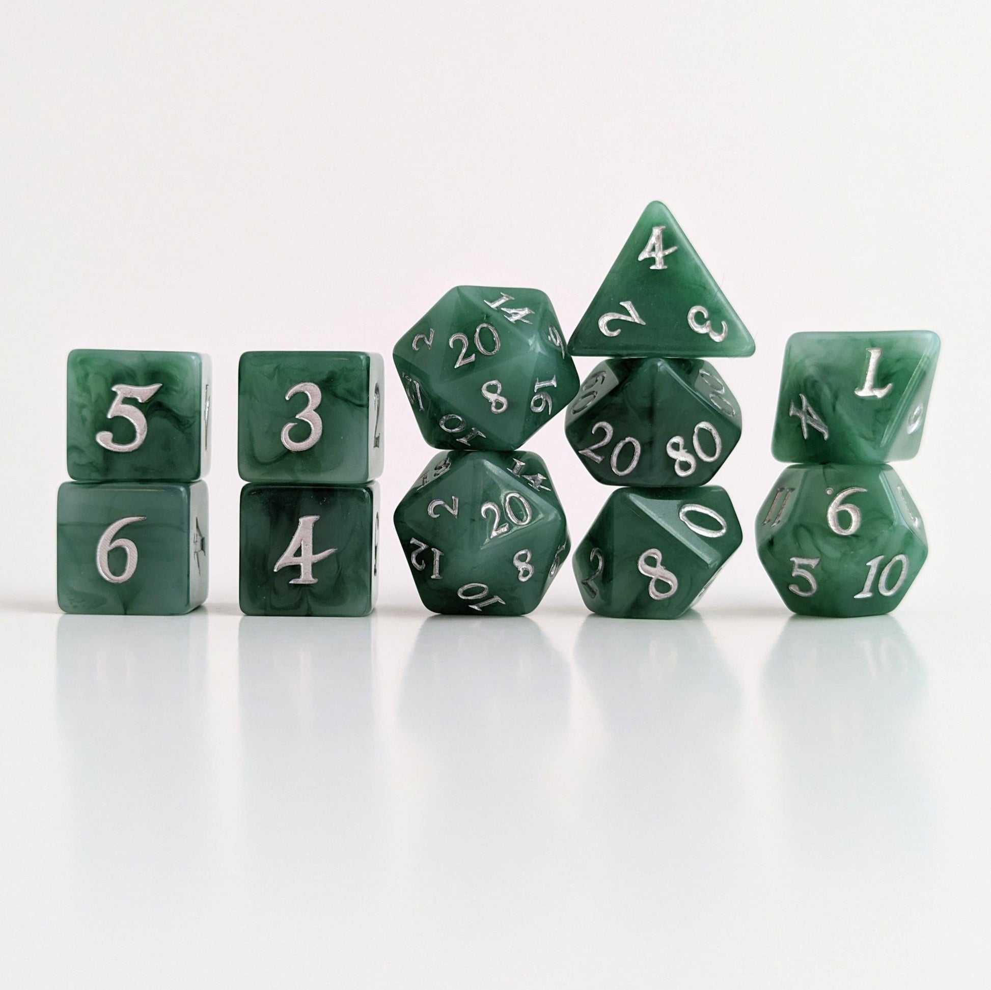 Jade Dice Set – 7 or 11-Piece Green White Swirled DnD Dice | Fennek & Finch Dice Sets & Games Fennek and Finch 11 piece set
