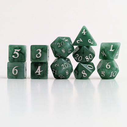 Jade Dice Set – 7 or 11 - Piece Green White Swirled DnD Dice | Fennek & Finch - Fennek and Finch