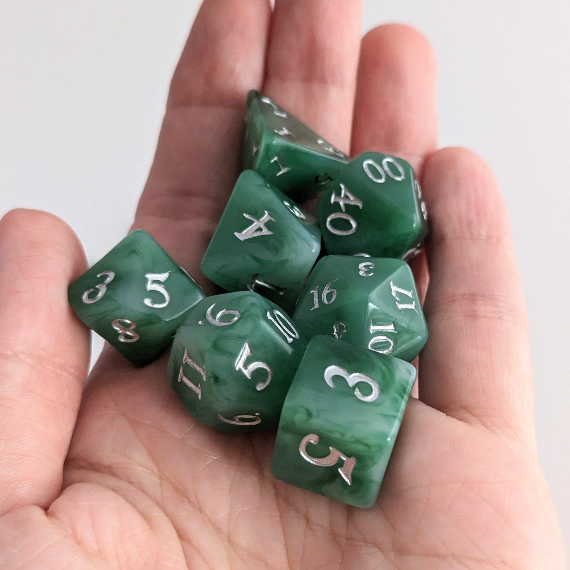 Jade Dice Set – 7 or 11 - Piece Green White Swirled DnD Dice | Fennek & Finch - Fennek and Finch