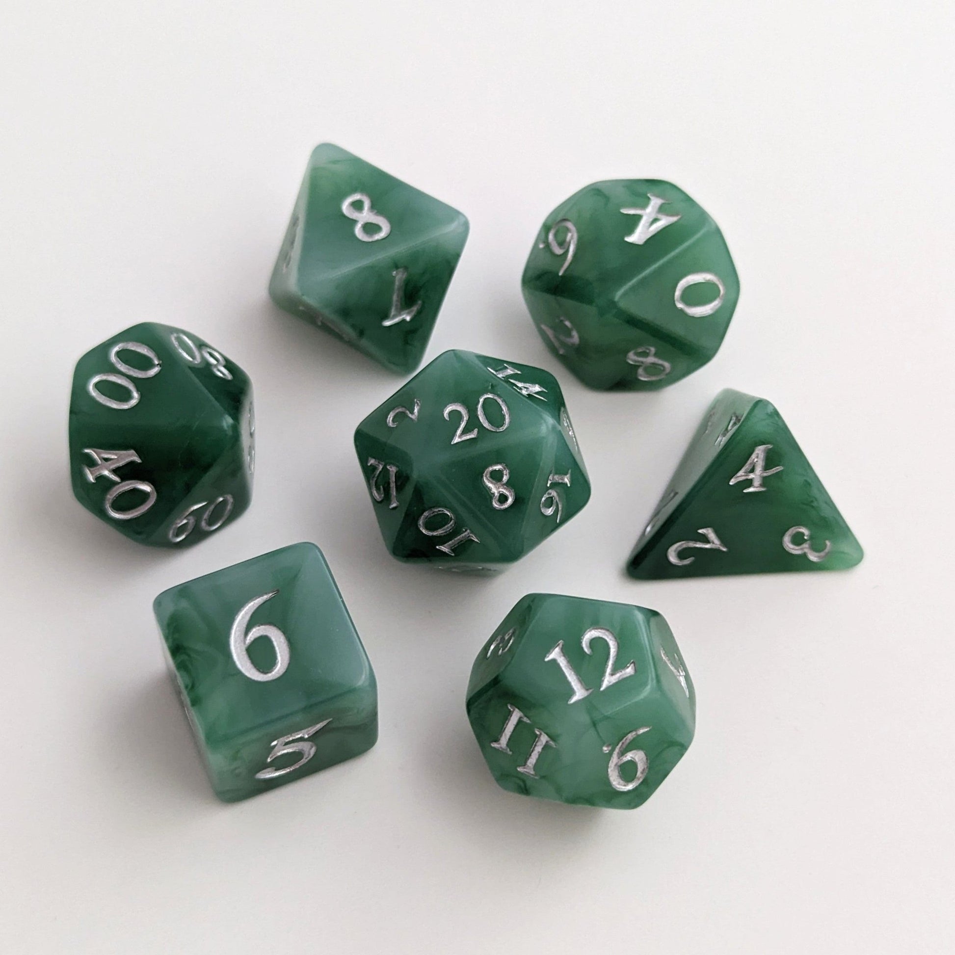 Jade Dice Set – 7 or 11 - Piece Green White Swirled DnD Dice | Fennek & Finch - Fennek and Finch