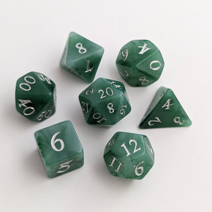 Jade Dice Set – 7 or 11 - Piece Green White Swirled DnD Dice | Fennek & Finch - Fennek and Finch