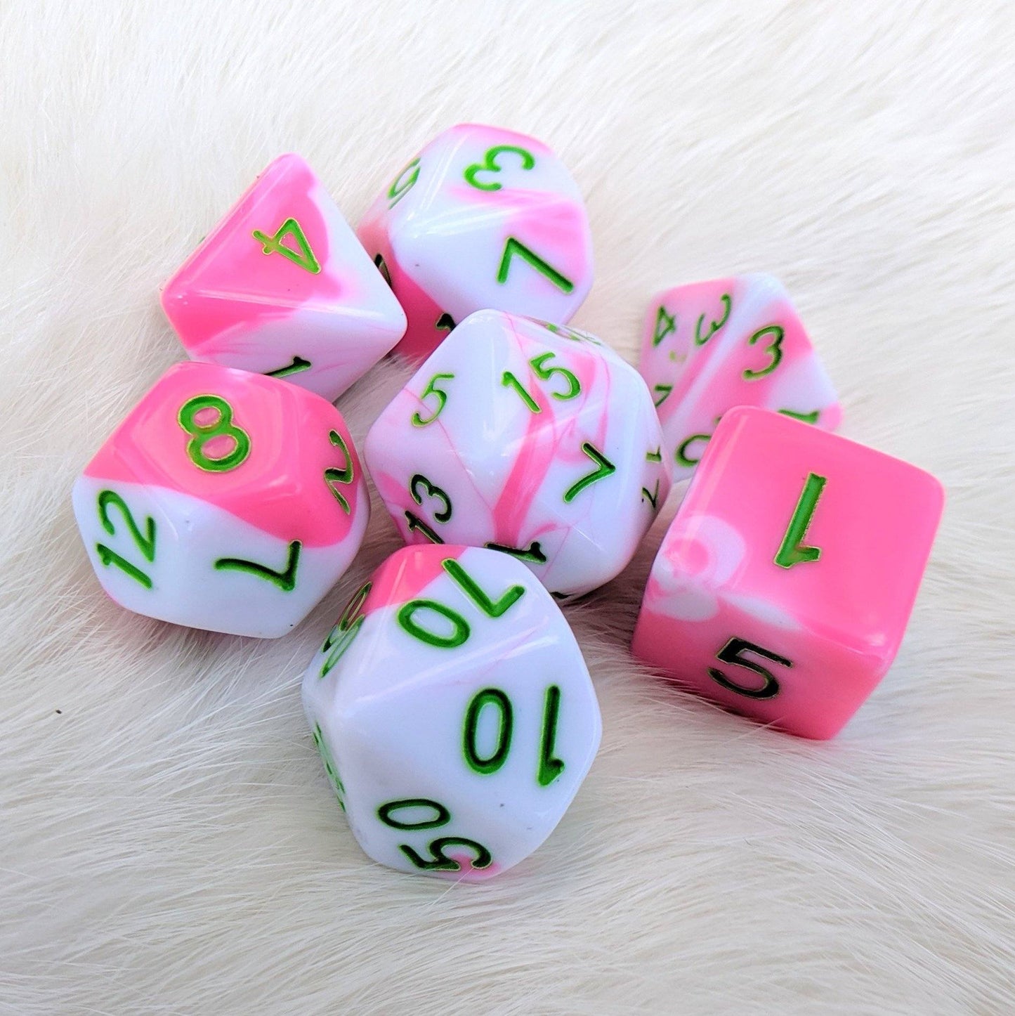 Kawaii Death Bringer DnD Dice Set, Pink and white Marble Dice - CozyGamer