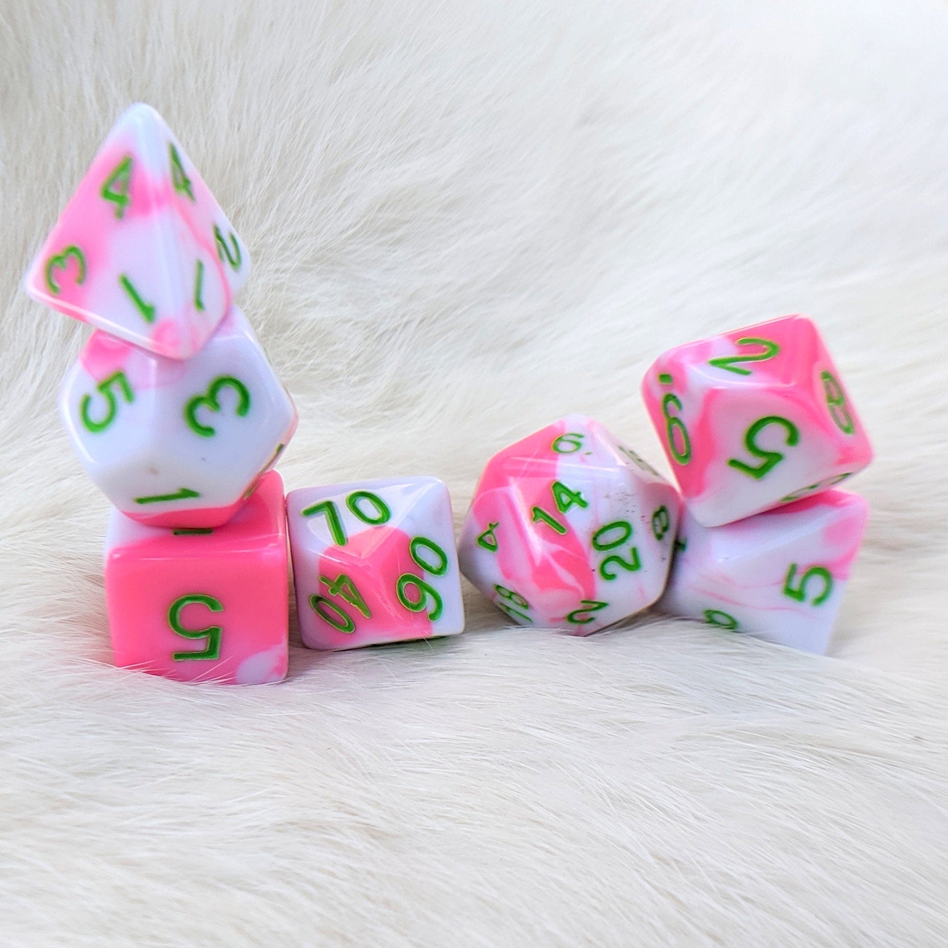 Kawaii Death Bringer DnD Dice Set, Pink and white Marble Dice - CozyGamer