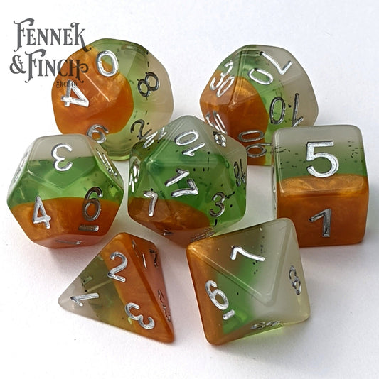 Kiwi Dice Set – 7 - Piece Fruit Themed Layered Green Acrylic DnD Dice - Fennek and Finch