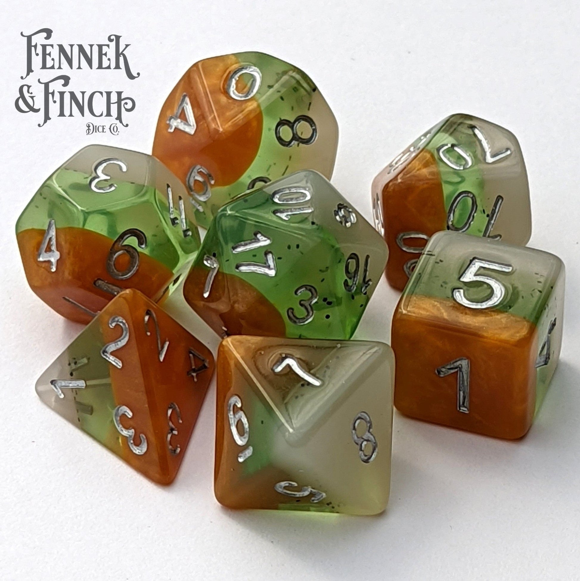 Kiwi Dice Set – 7-Piece Fruit Themed Layered Green Acrylic DnD Dice Dice sets Fennek and Finch