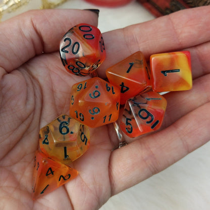 Kobold Dice Set – 7 - Piece Clear Red Orange DnD Dice - Fennek and Finch