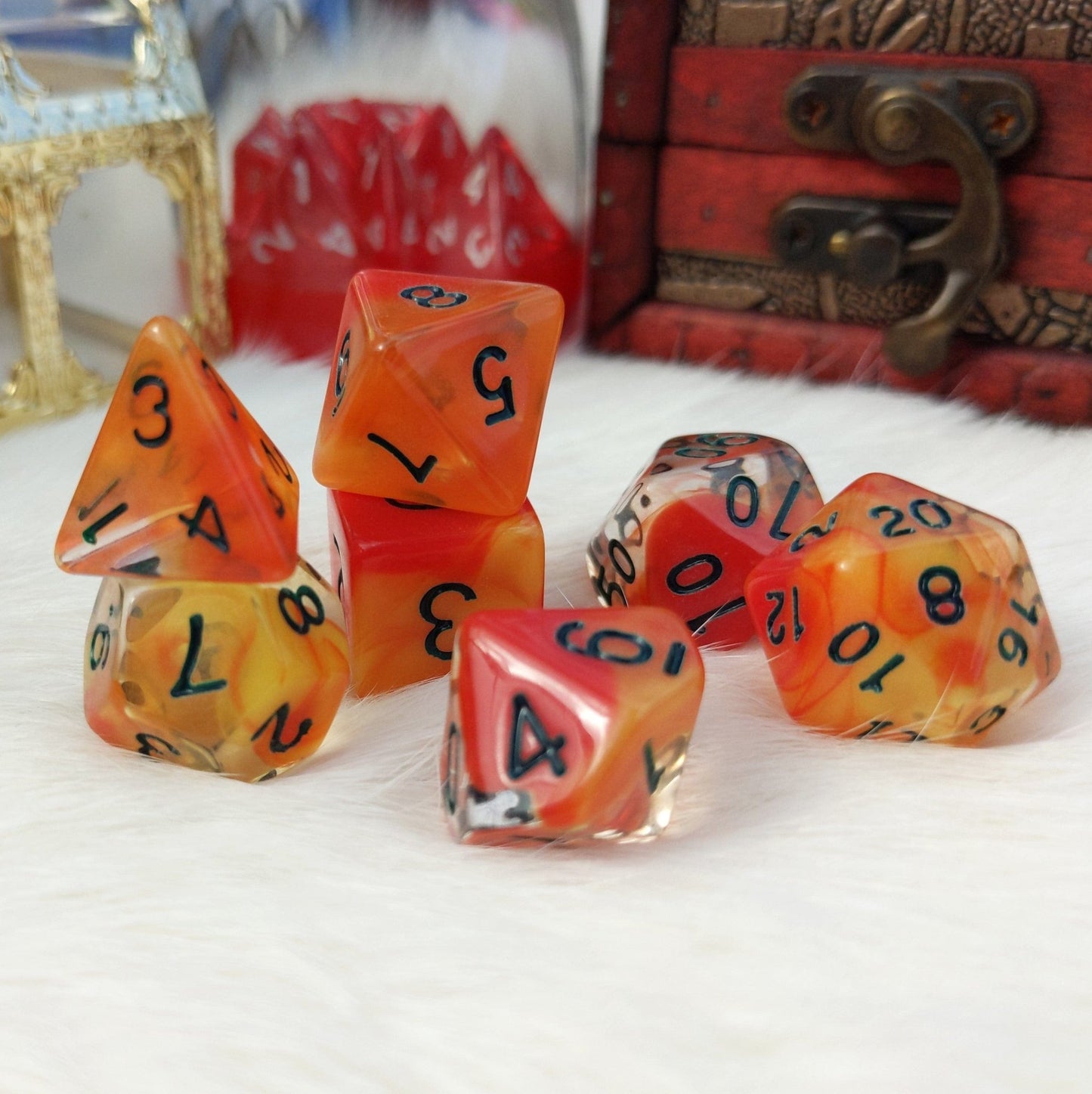 Kobold Dice Set – 7 - Piece Clear Red Orange DnD Dice - Fennek and Finch