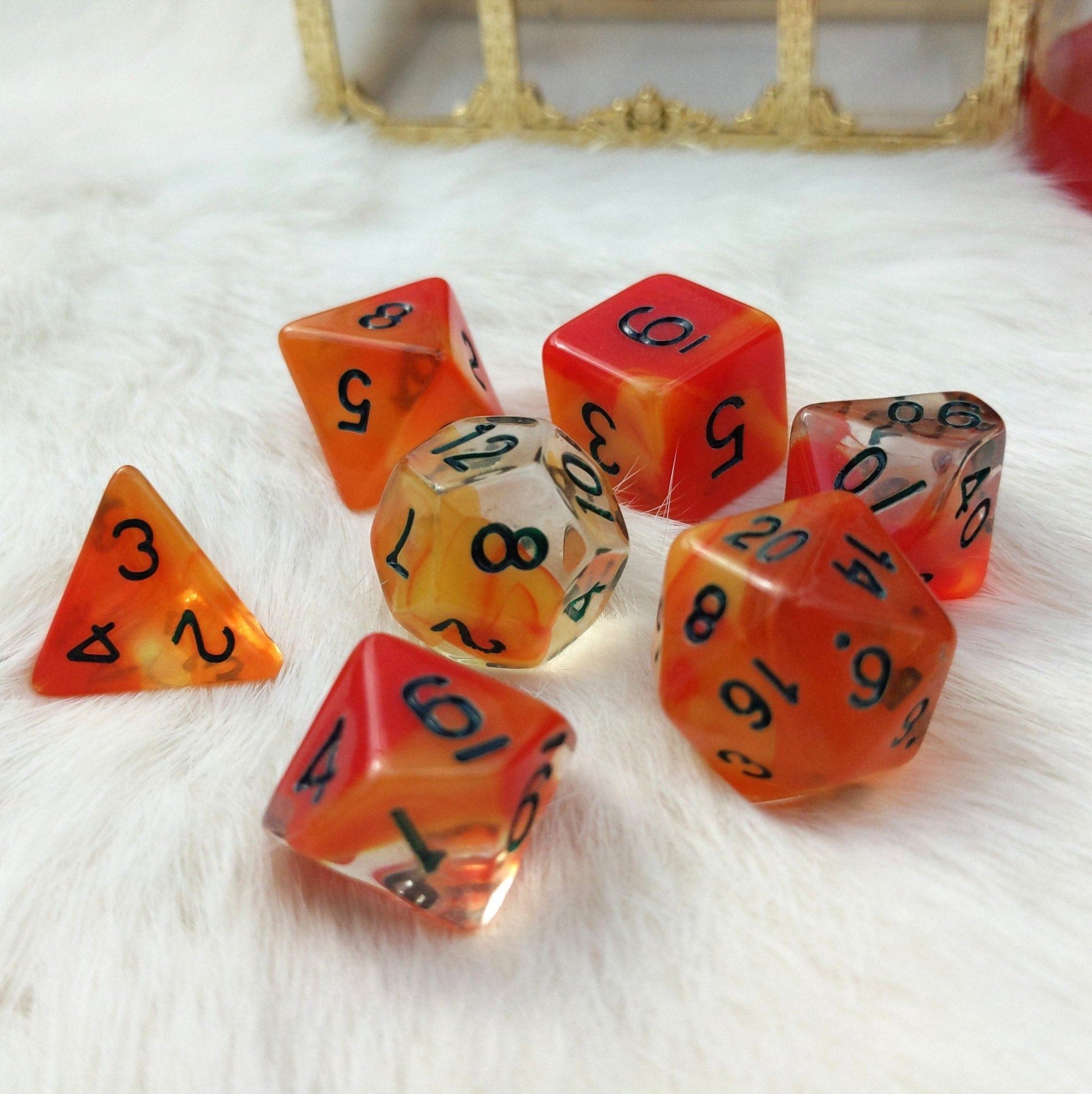 Kobold Dice Set – 7 - Piece Clear Red Orange DnD Dice - Fennek and Finch