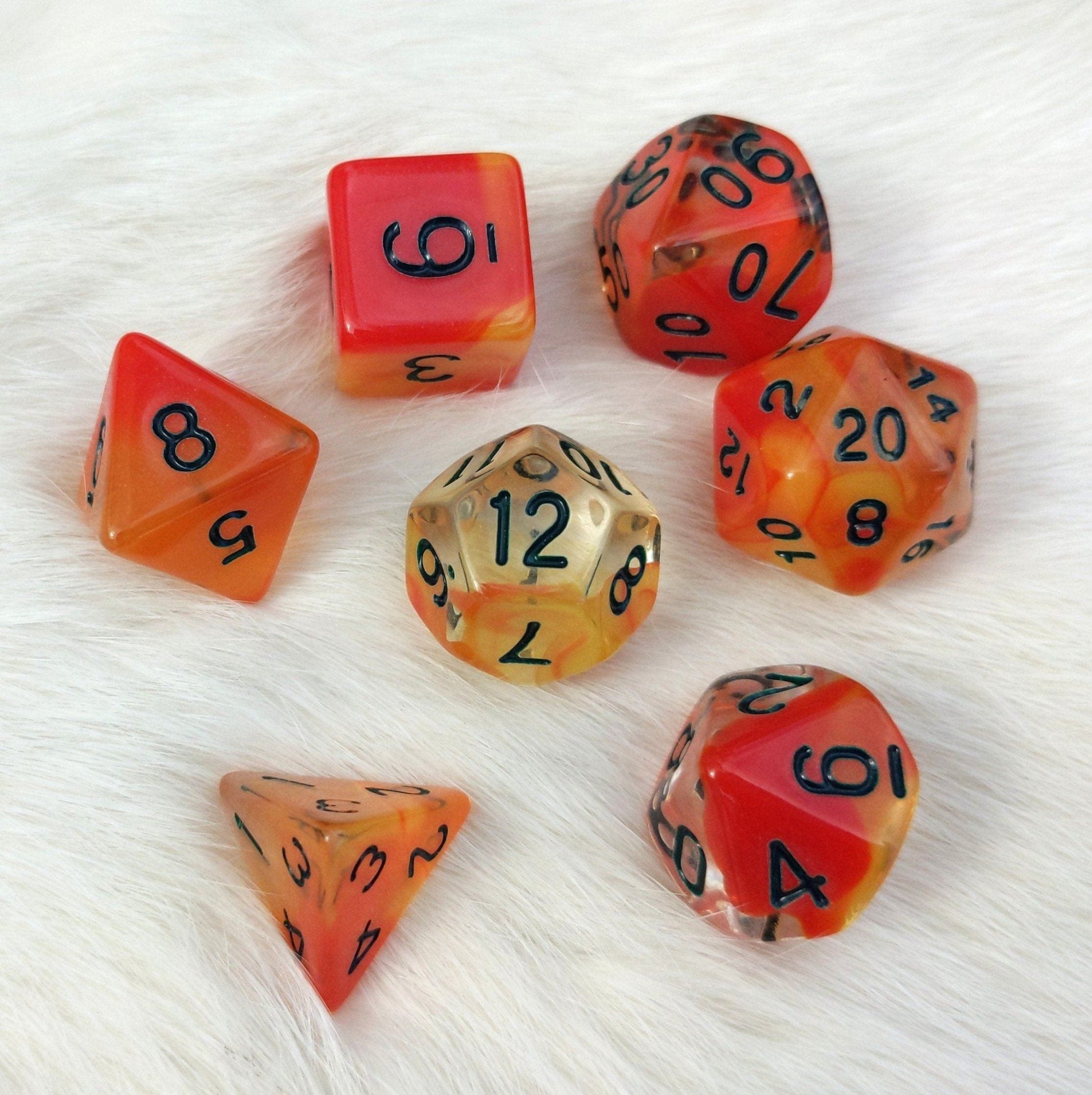 Kobold Dice Set – 7 - Piece Clear Red Orange DnD Dice - Fennek and Finch