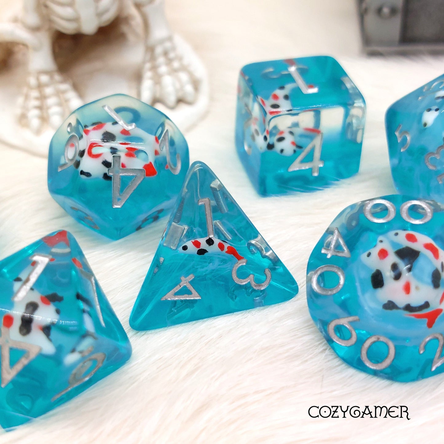 Koi Dice Set. Clear Resin with orange, black, and white fish