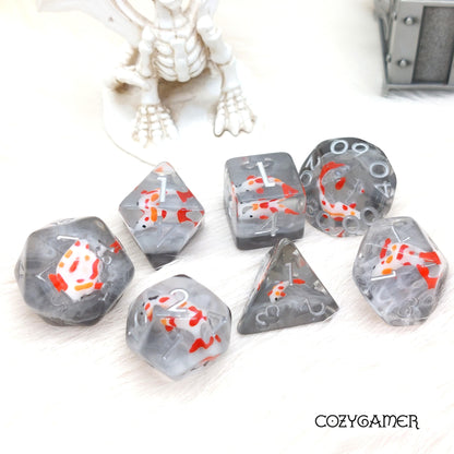 Koi Dice Set. Clear Resin with orange, black, and white fish