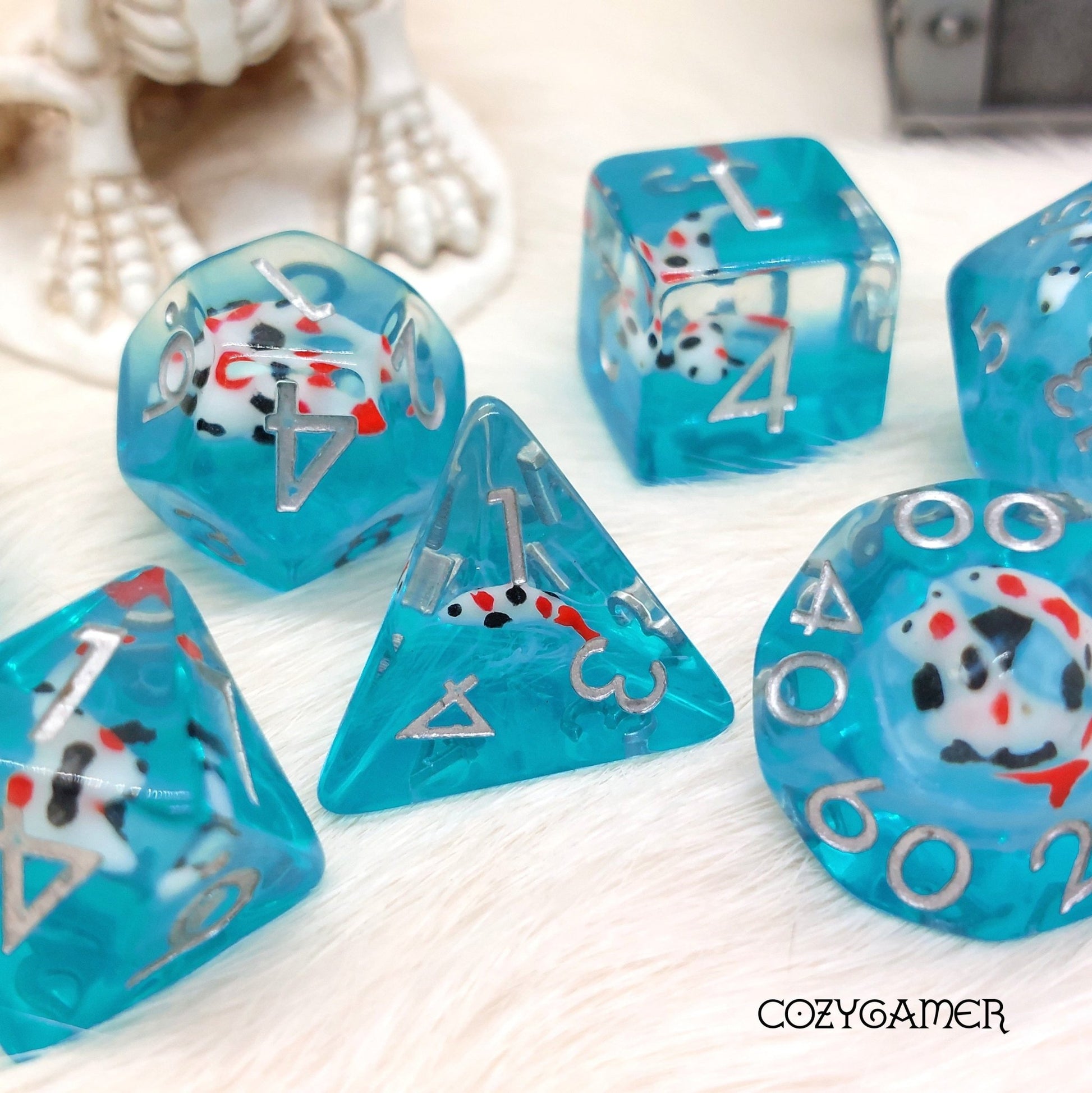 Koi Dice Set – Translucent with White, Orange & Black Koi on Blue Layer Dice Sets & Games Fennek and Finch
