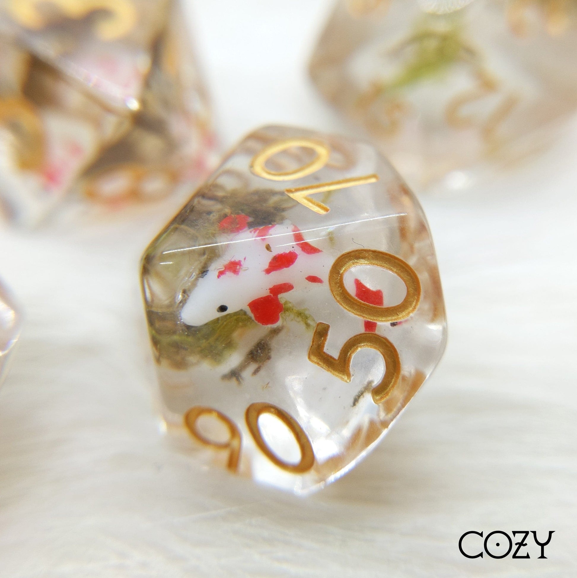 Koi Fish and Moss Dice Set. Little Fish and Dried Moss DND dice set