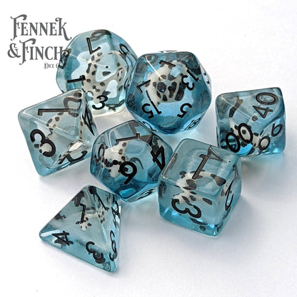 Koi Fish Dice Set – 7 - Piece Blue Resin Tiny Animal DnD Dice - Fennek and Finch
