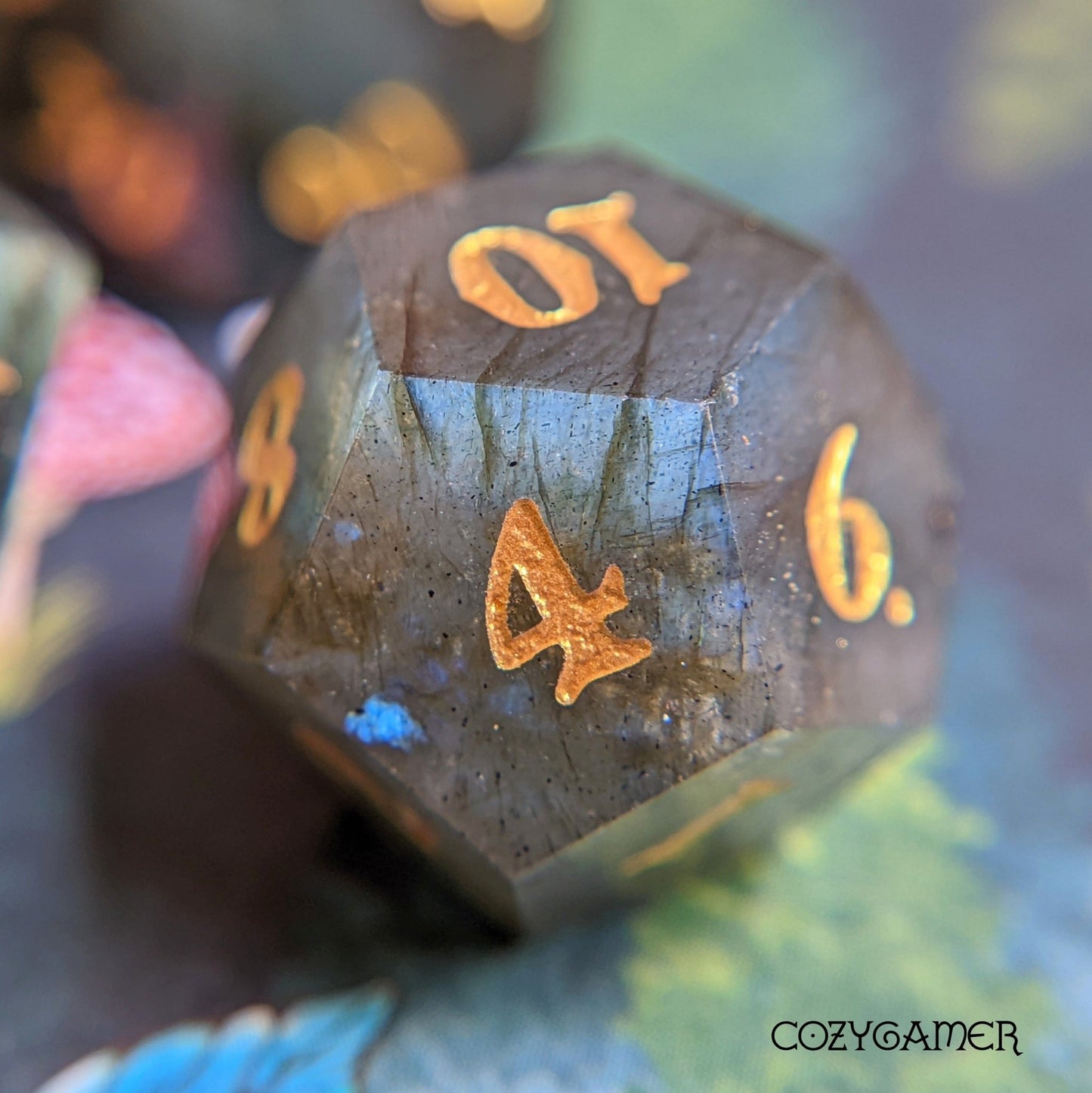 Labradorite Real Gemstone Dice Set – 7 - Piece Carved Stone DnD Dice - Fennek and Finch