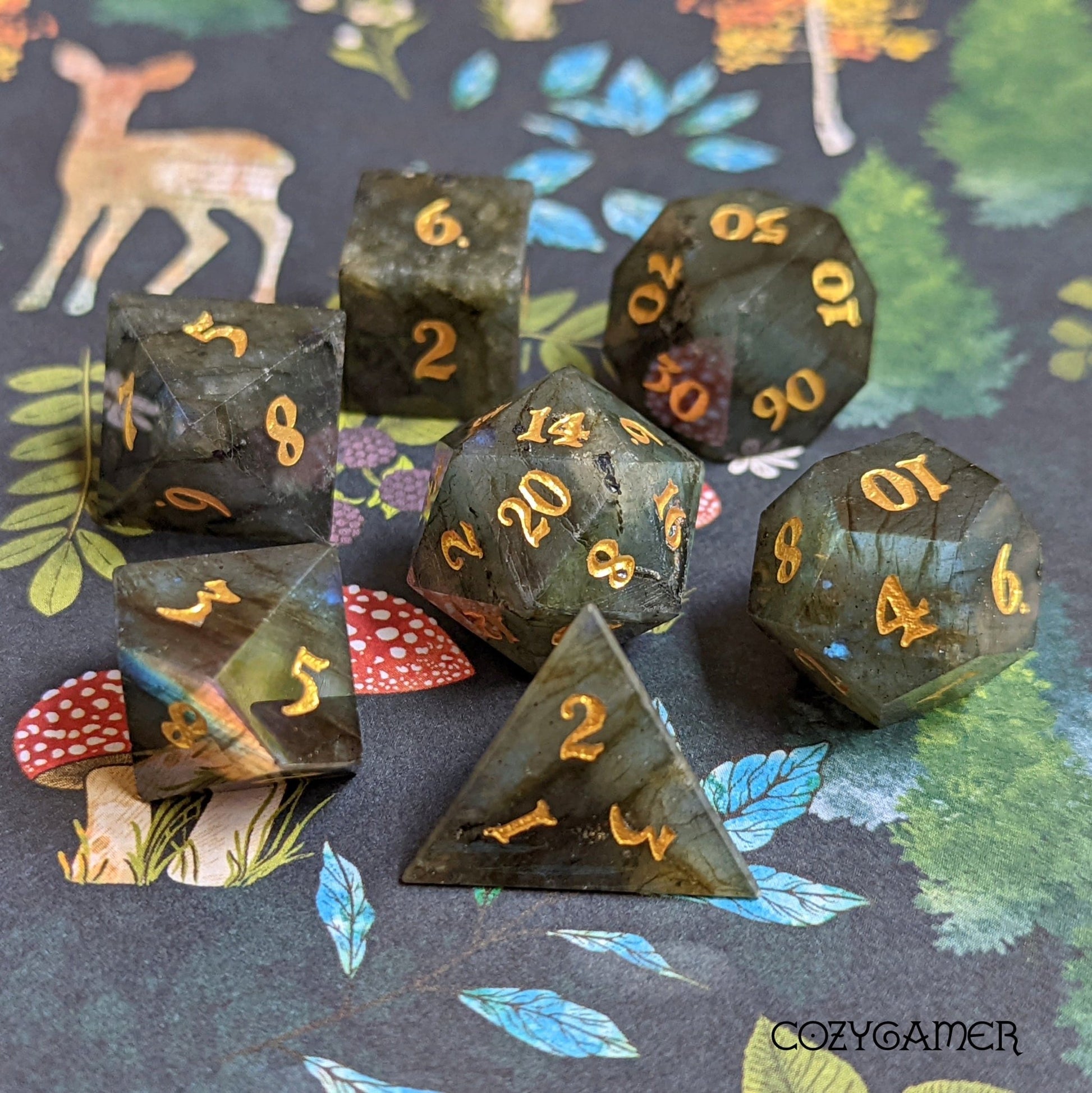 Labradorite Real Gemstone Dice Set – 7 - Piece Carved Stone DnD Dice - Fennek and Finch