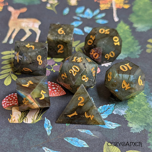 Labradorite Real Gemstone Dice Set – 7 - Piece Carved Stone DnD Dice - Fennek and Finch