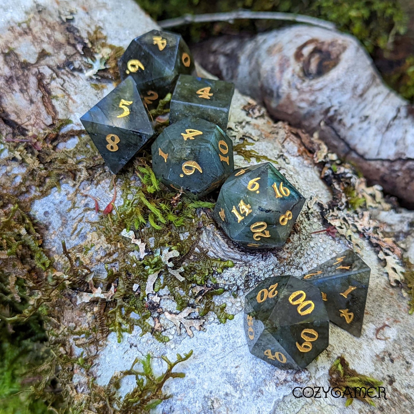 Labradorite Real Gemstone Dice Set – 7 - Piece Carved Stone DnD Dice - Fennek and Finch