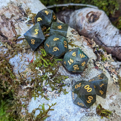 Labradorite Real Gemstone Dice Set – 7 - Piece Carved Stone DnD Dice - Fennek and Finch