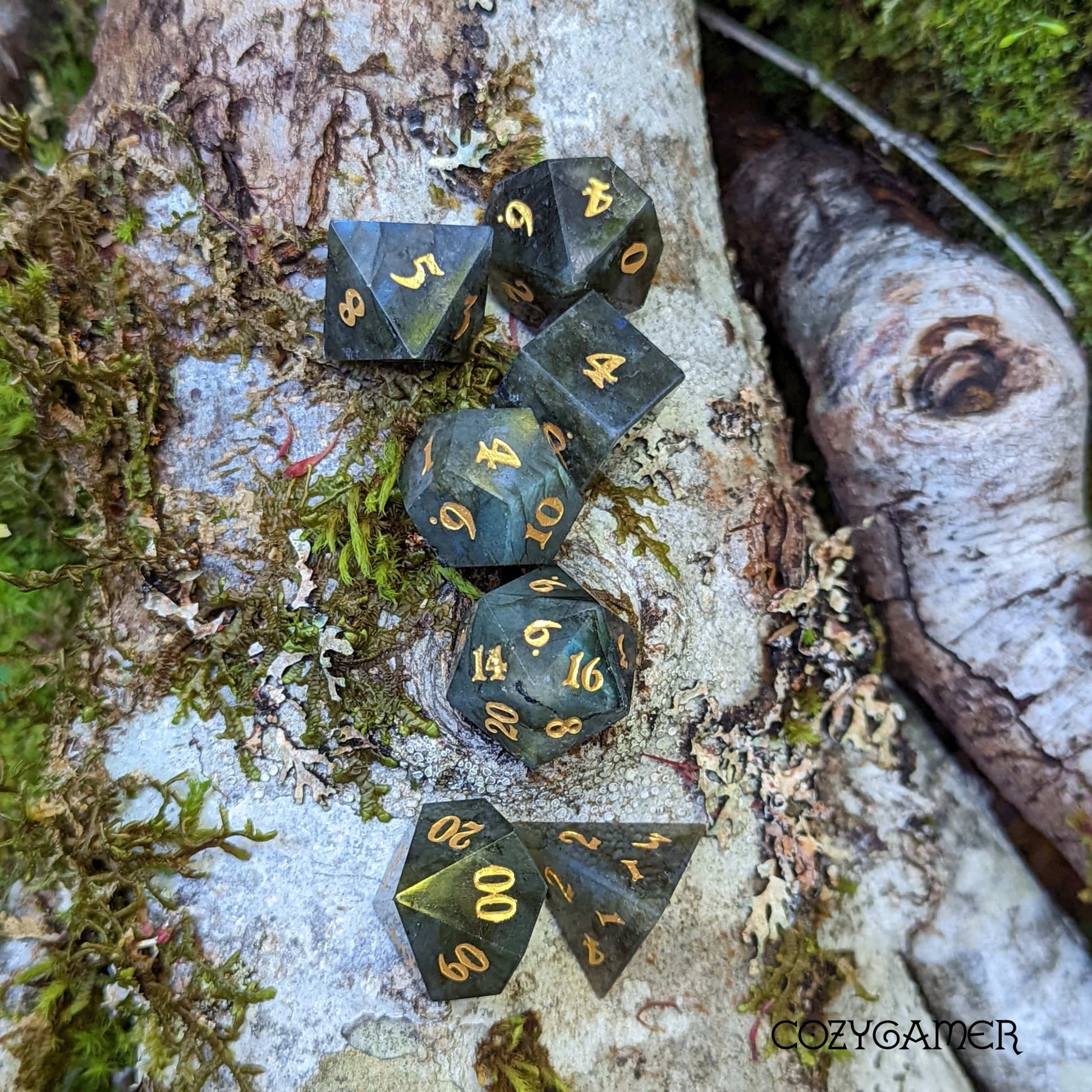 Labradorite Real Gemstone Dice Set – 7 - Piece Carved Stone DnD Dice - Fennek and Finch