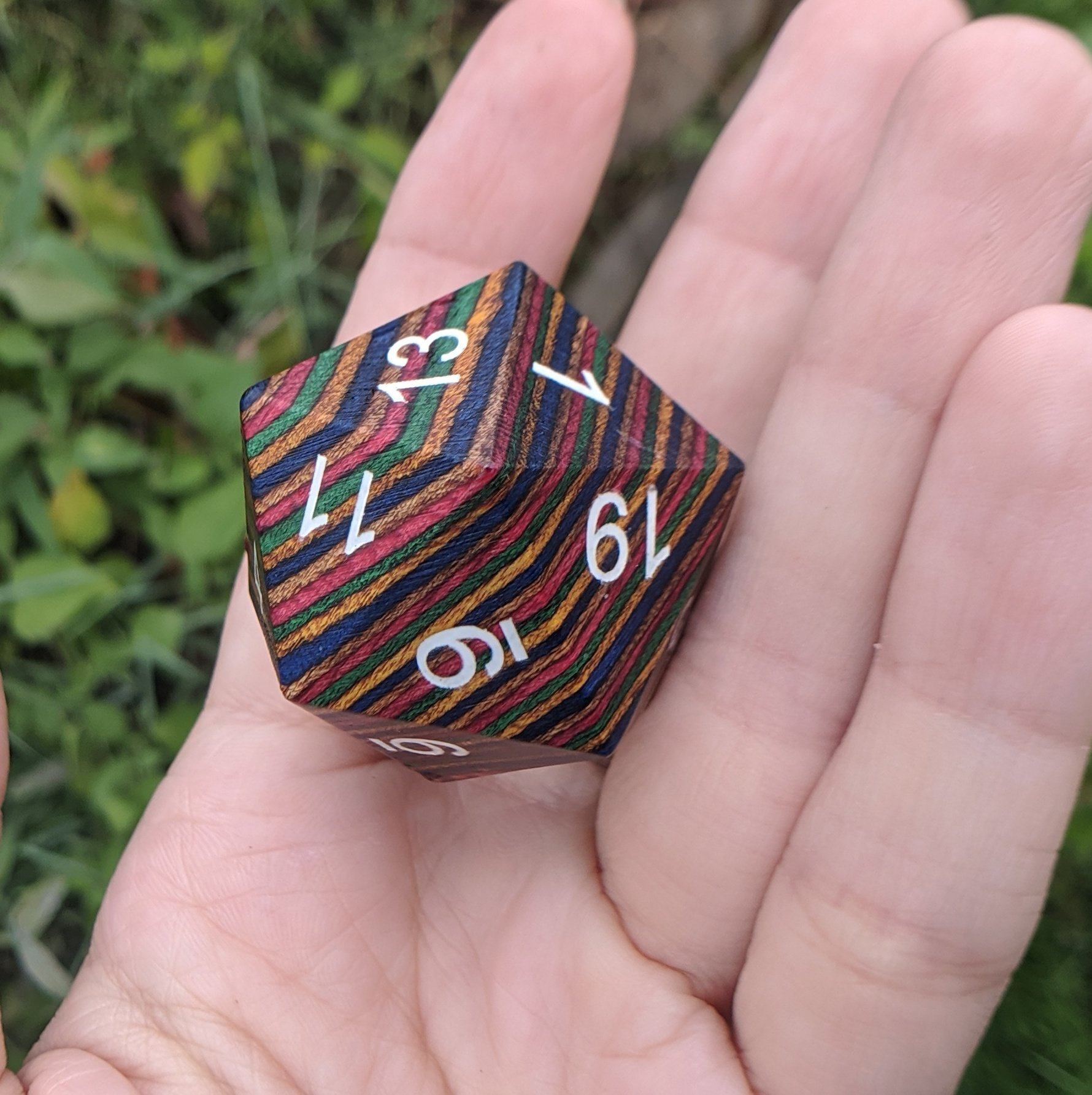 Large Wood D20, Bright Rainbow Wooden Die - CozyGamer