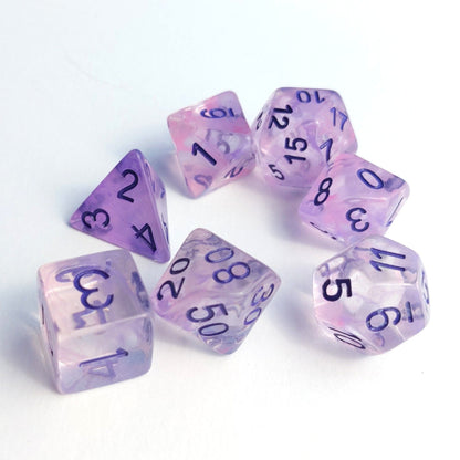 Lavender Mist Dice Set – 7 - Piece Purple Haze Shimmer DnD Dice - Fennek and Finch