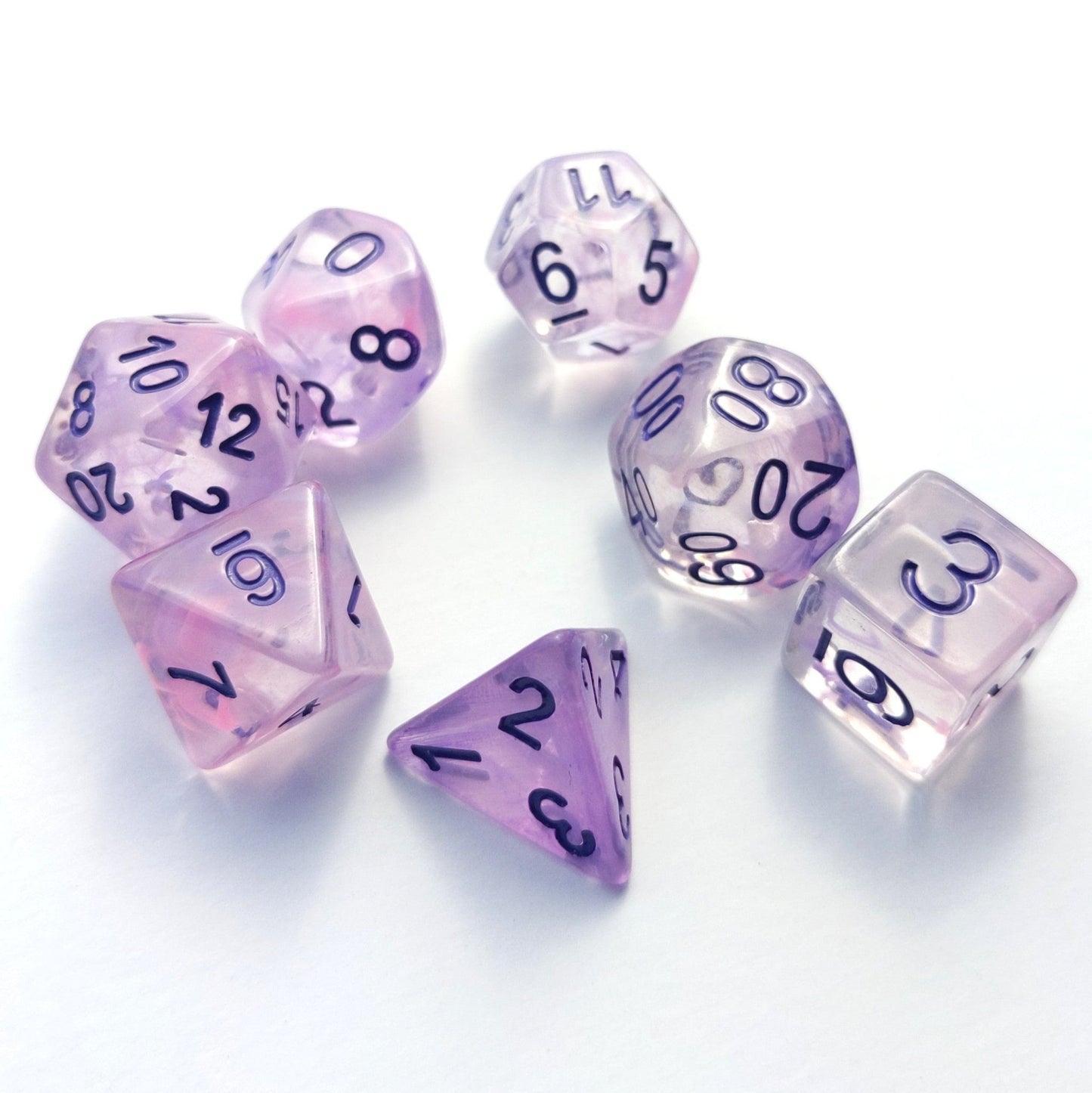 Lavender Mist Dice Set – 7 - Piece Purple Haze Shimmer DnD Dice - Fennek and Finch