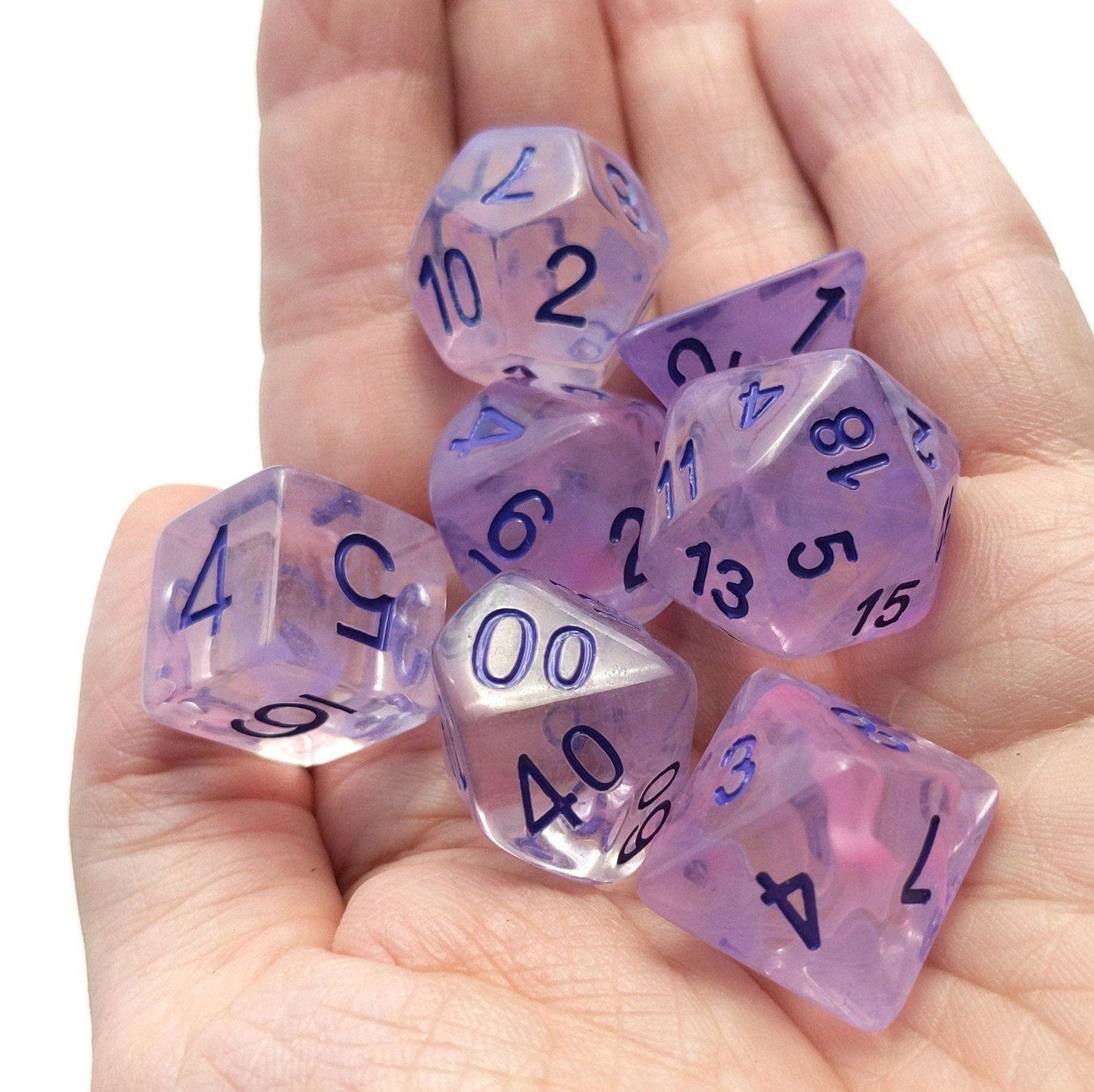 Lavender Mist Dice Set – 7 - Piece Purple Haze Shimmer DnD Dice - Fennek and Finch