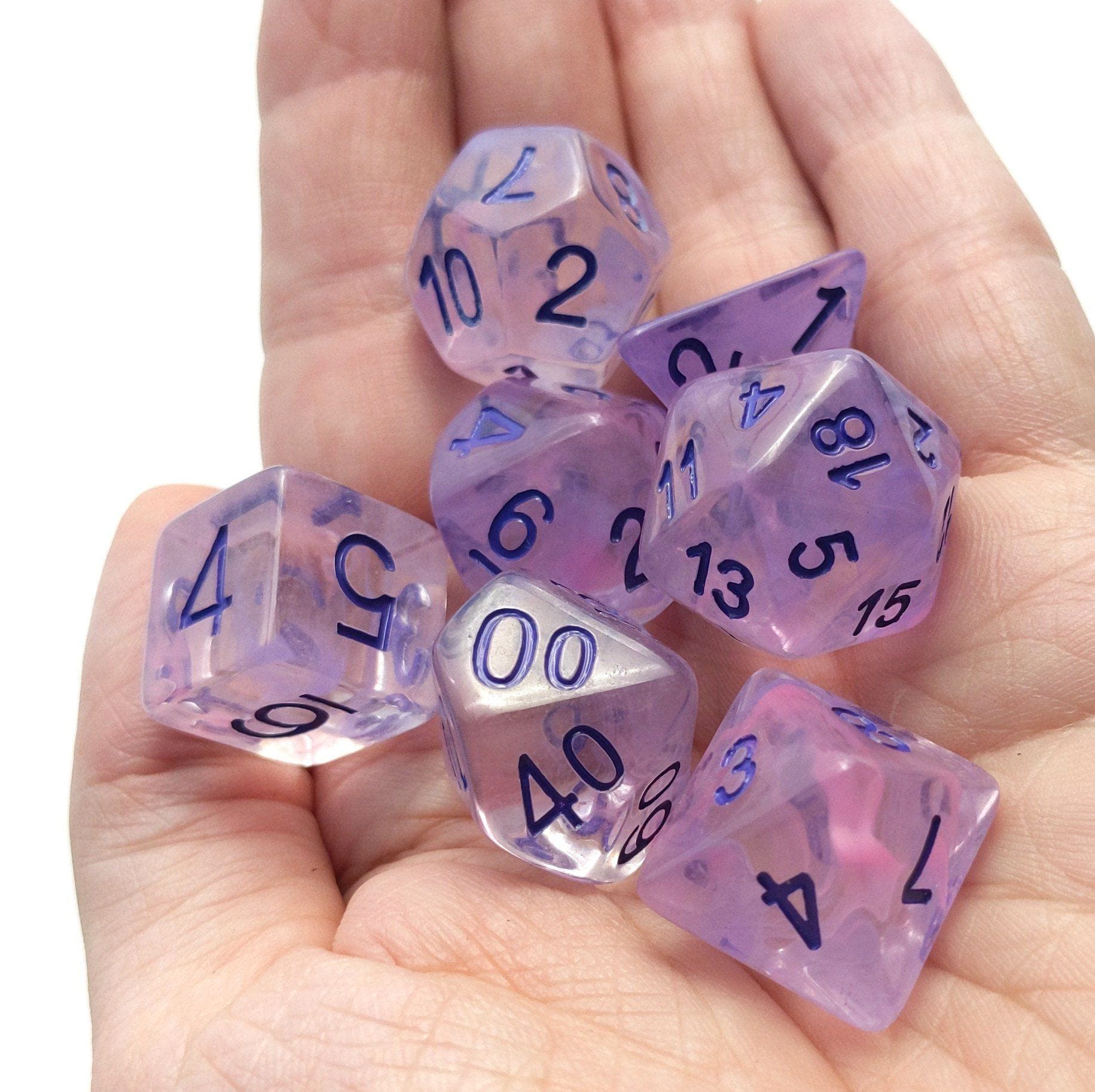 Lavender Mist Dice Set – 7 - Piece Purple Haze Shimmer DnD Dice - Fennek and Finch