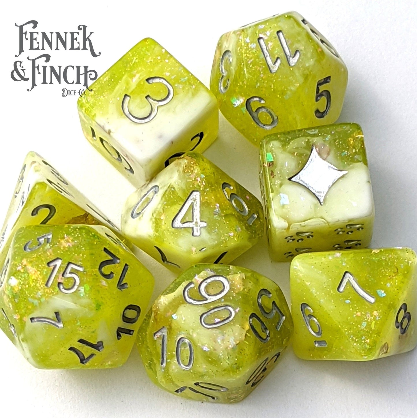 Lichen Dice Set – 8 - Piece Clear Green White Marbled Cat Wizard DnD Dice - Fennek and Finch