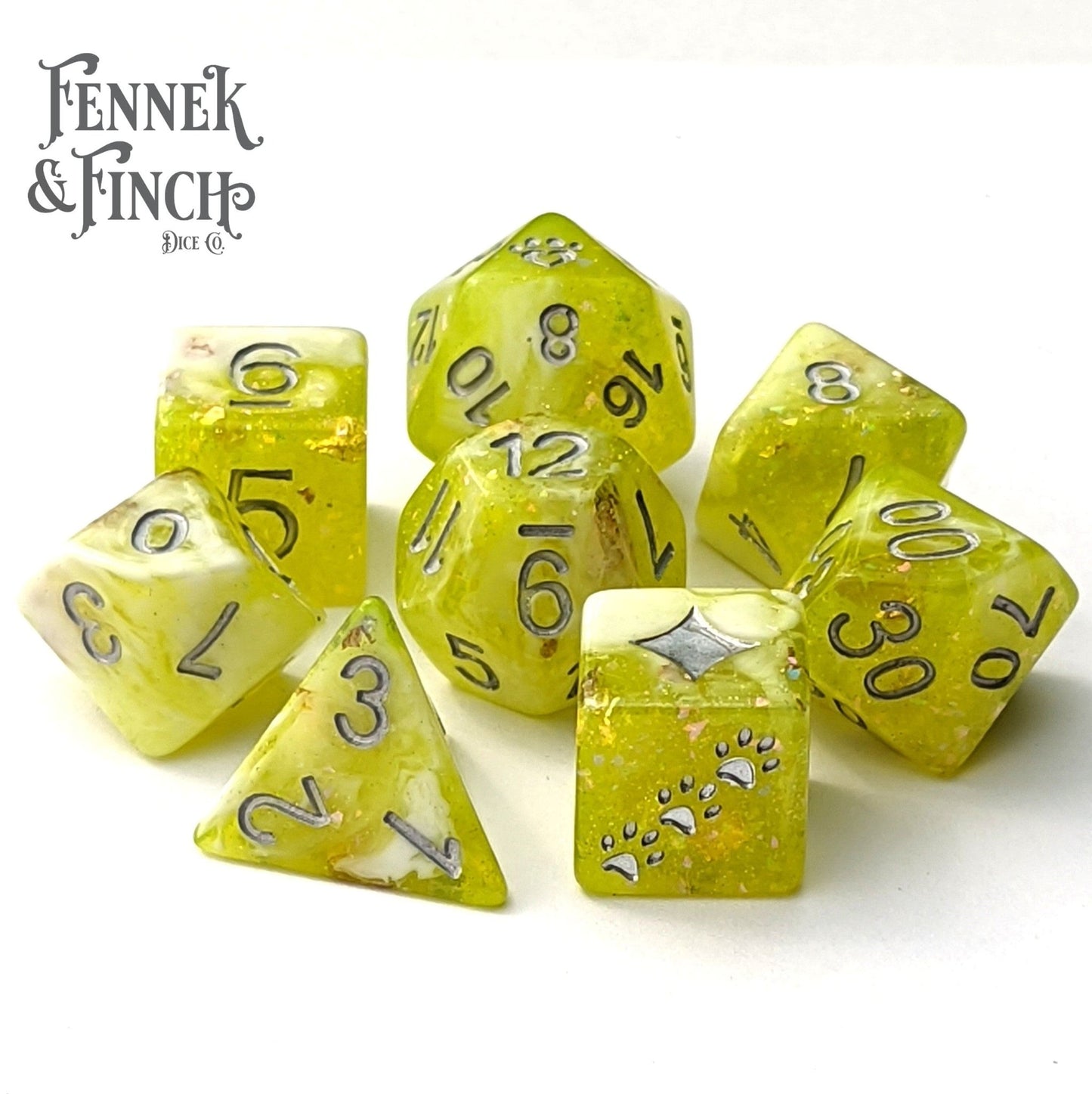 Lichen Dice Set – 8 - Piece Clear Green White Marbled Cat Wizard DnD Dice - Fennek and Finch