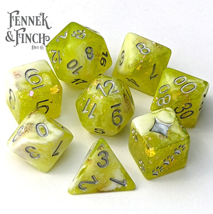 Lichen Dice Set – 8 - Piece Clear Green White Marbled Cat Wizard DnD Dice - Fennek and Finch