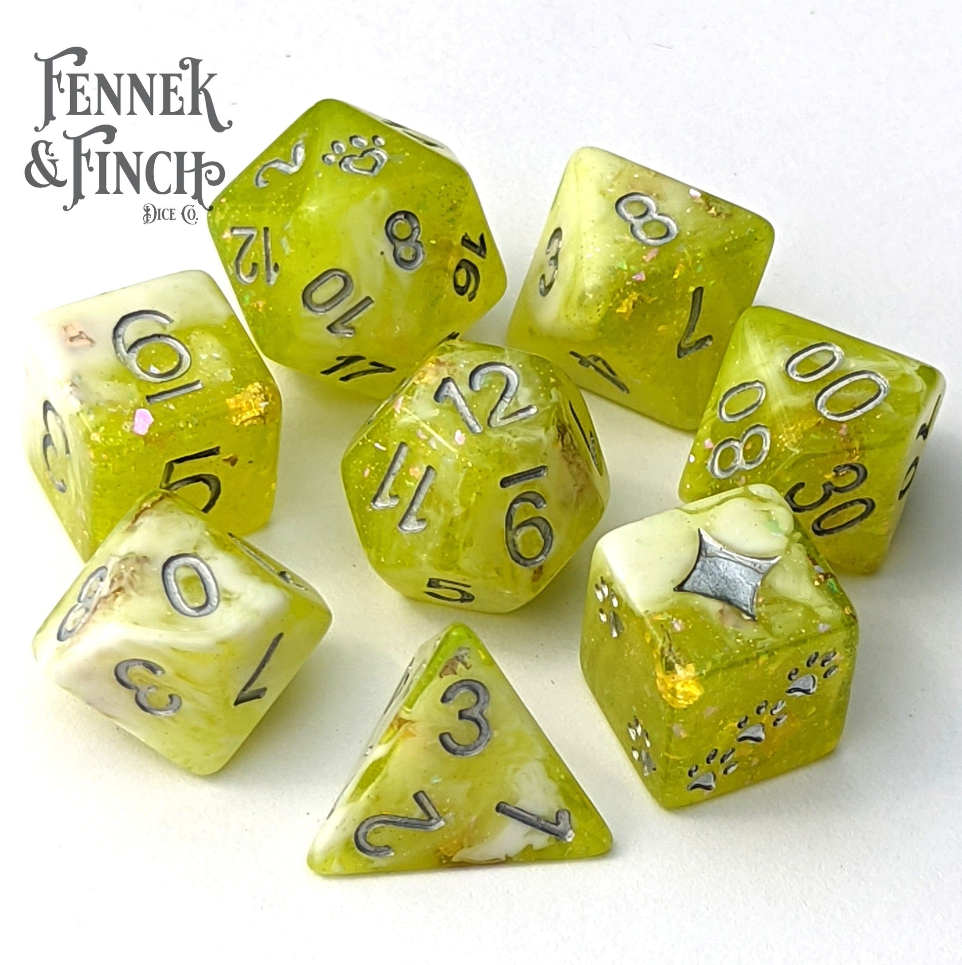 Lichen Dice Set, 8 piece green and white polyhedral DnD dice with glitter flakes and foil, perfect for tabletop adventures.