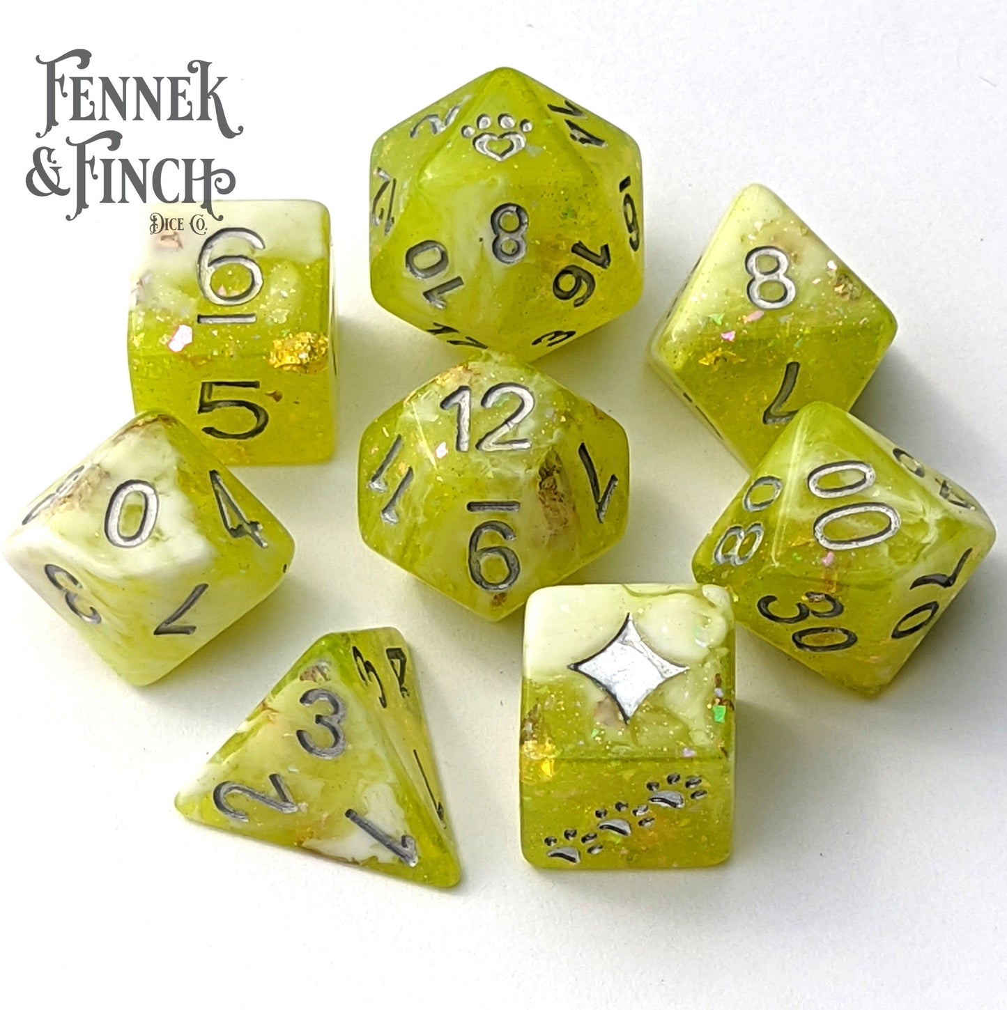 Lichen Dice Set, 8-piece green and white DnD dice with glitter and foil, mystical woodland design by Fennek & Finch.