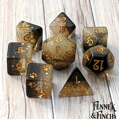 Light and Shadow Dice Set. 8 Piece 4 Layered Black to White with Gold Glitter