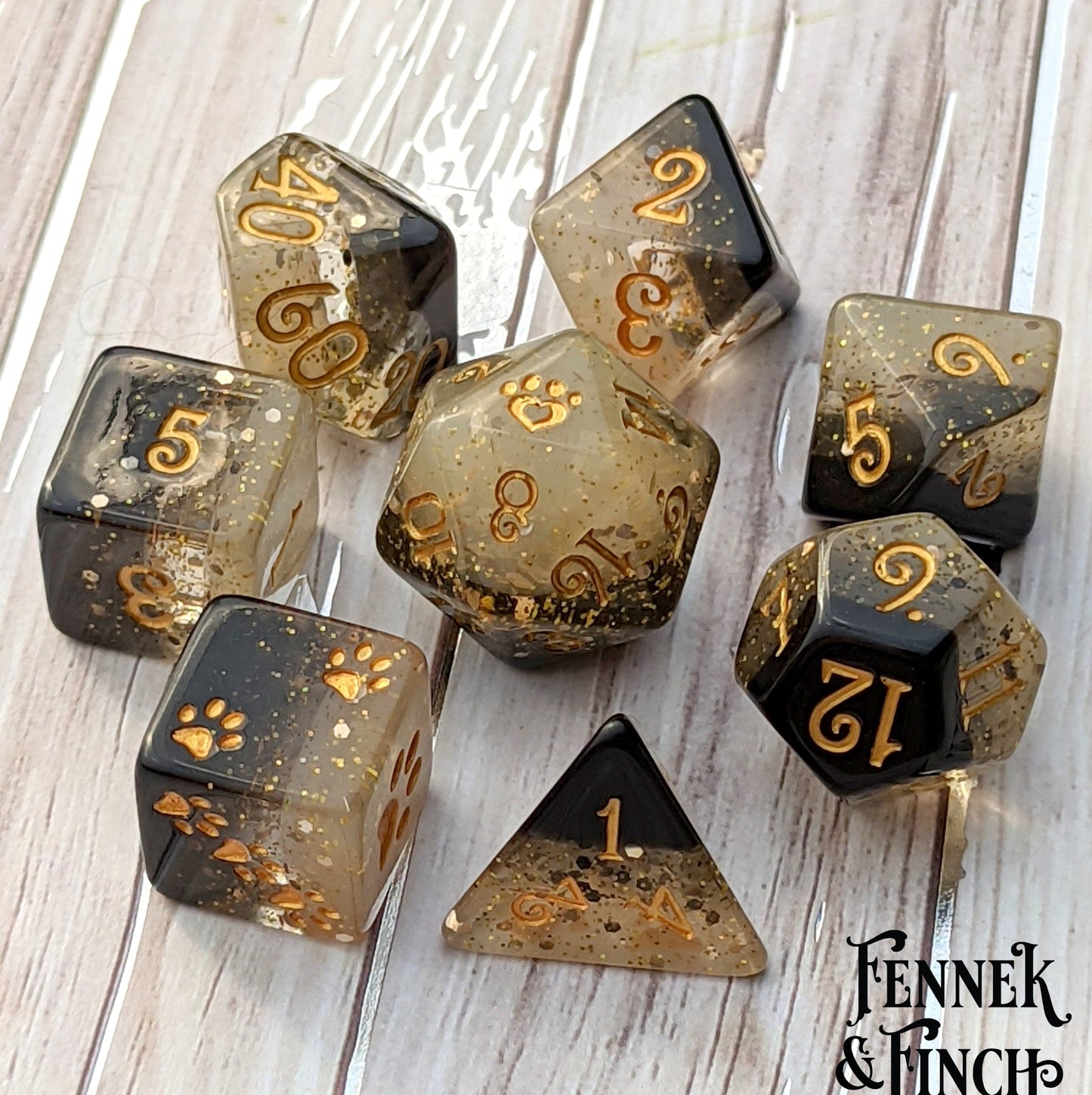 Light and Shadow Dice Set. 8 Piece 4 Layered Black to White with Gold Glitter