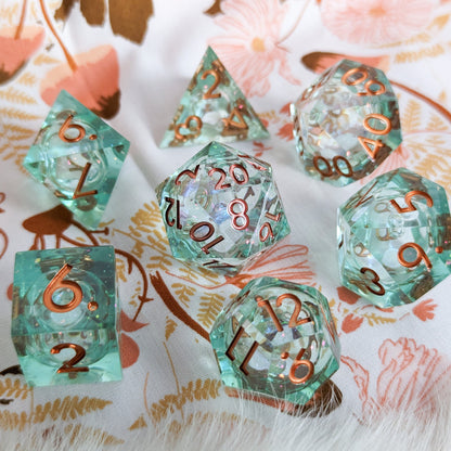 Seafoam Liquid Core Resin DnD Dice Set with Sharp Edges on Floral Background, 7 Piece Polyhedral Set for Tabletop Roleplaying Games