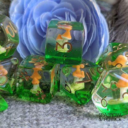 Little Brown Mushroom Dice Set. 8 Piece Forest Themed Dice Set