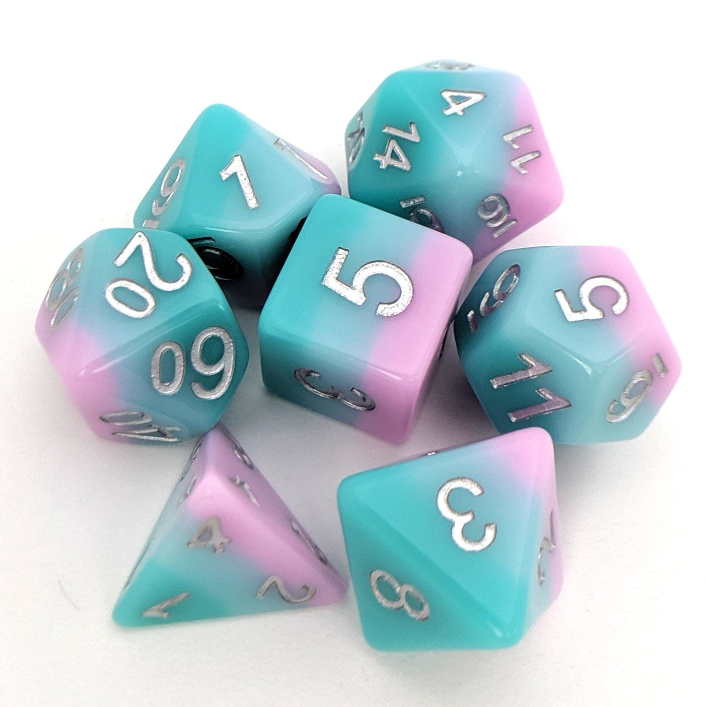 Lover's Whisper pastel layered dice set in blue and lavender pink with silver font, full set of 7 dice for tabletop games.