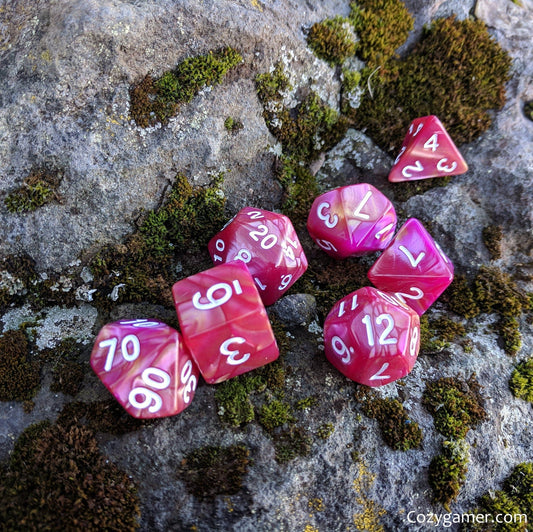 Magenta Rose Dice Set – 7-Piece Marbled Pearly Dark Pink Orange Acrylic DnD Dice sets Fennek and Finch