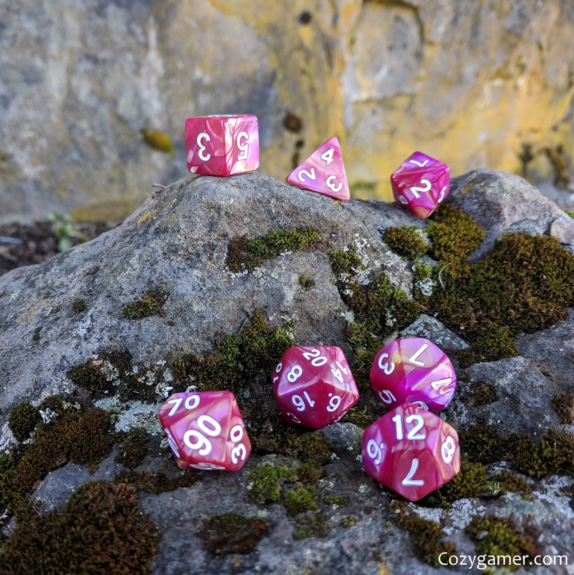 Magenta Rose Dice Set – 7-Piece Marbled Pearly Dark Pink Orange Acrylic DnD Dice sets Fennek and Finch