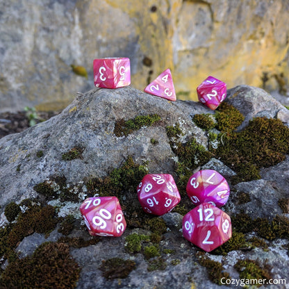 Magenta Rose Dice Set – 7-Piece Marbled Pearly Dark Pink Orange Acrylic DnD Dice sets Fennek and Finch