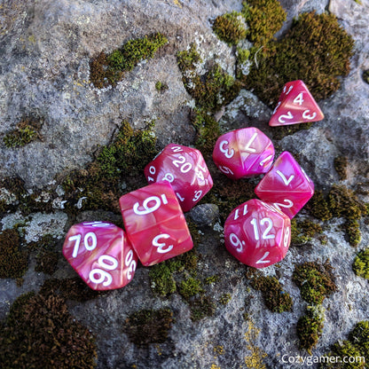 Magenta Rose DnD Dice Set, Pink Pearly Marbled Dice - CozyGamer