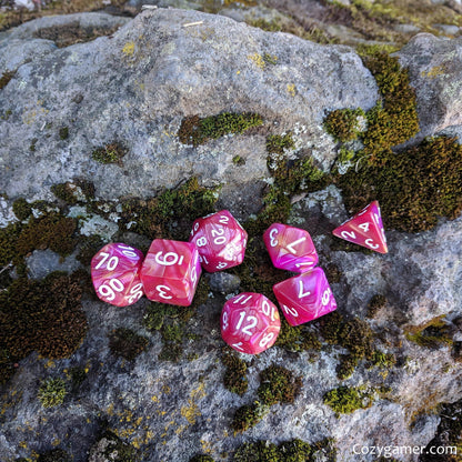 Magenta Rose DnD Dice Set, Pink Pearly Marbled Dice - CozyGamer
