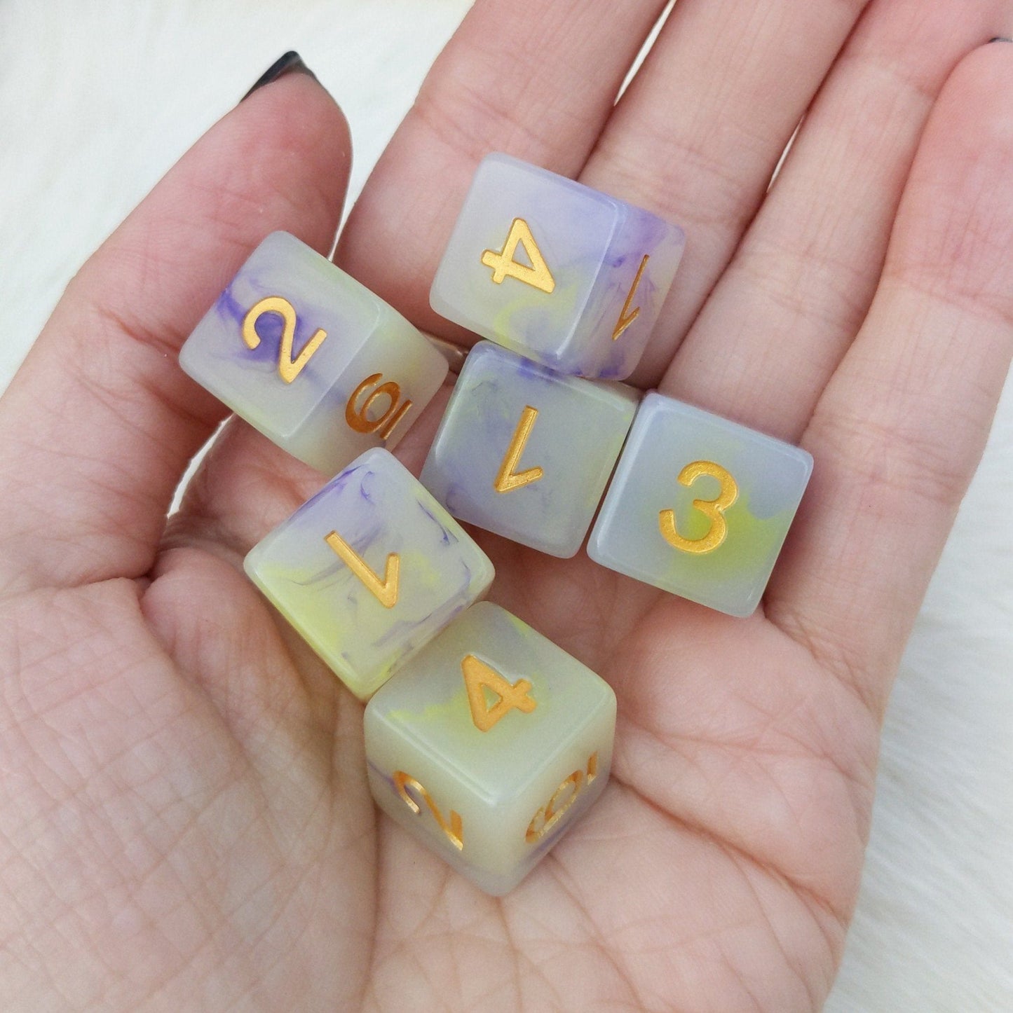Magic Aura D6 Set – 6 - Piece Semi Clear Yellow Purple Ink Gold Font Dice - Fennek and Finch