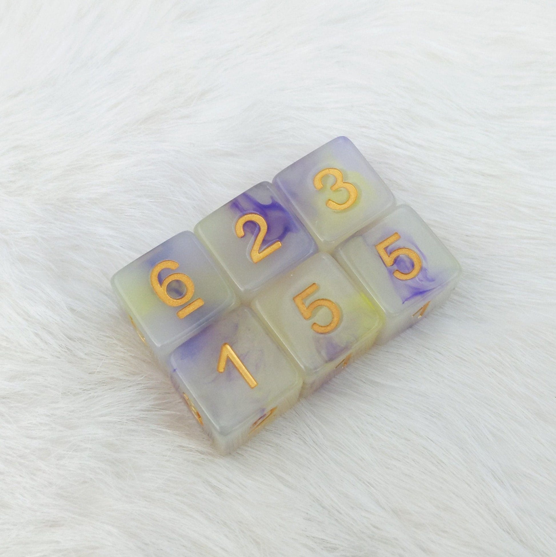 Magic Aura D6 Set – 6 - Piece Semi Clear Yellow Purple Ink Gold Font Dice - Fennek and Finch