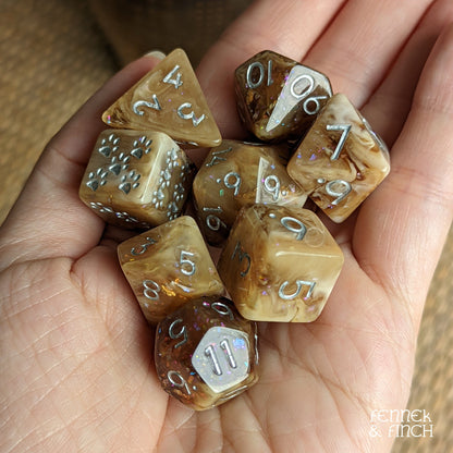 Magic Brew Coffee Dice Set. Brown and cream resin, with Glitter and Foil
