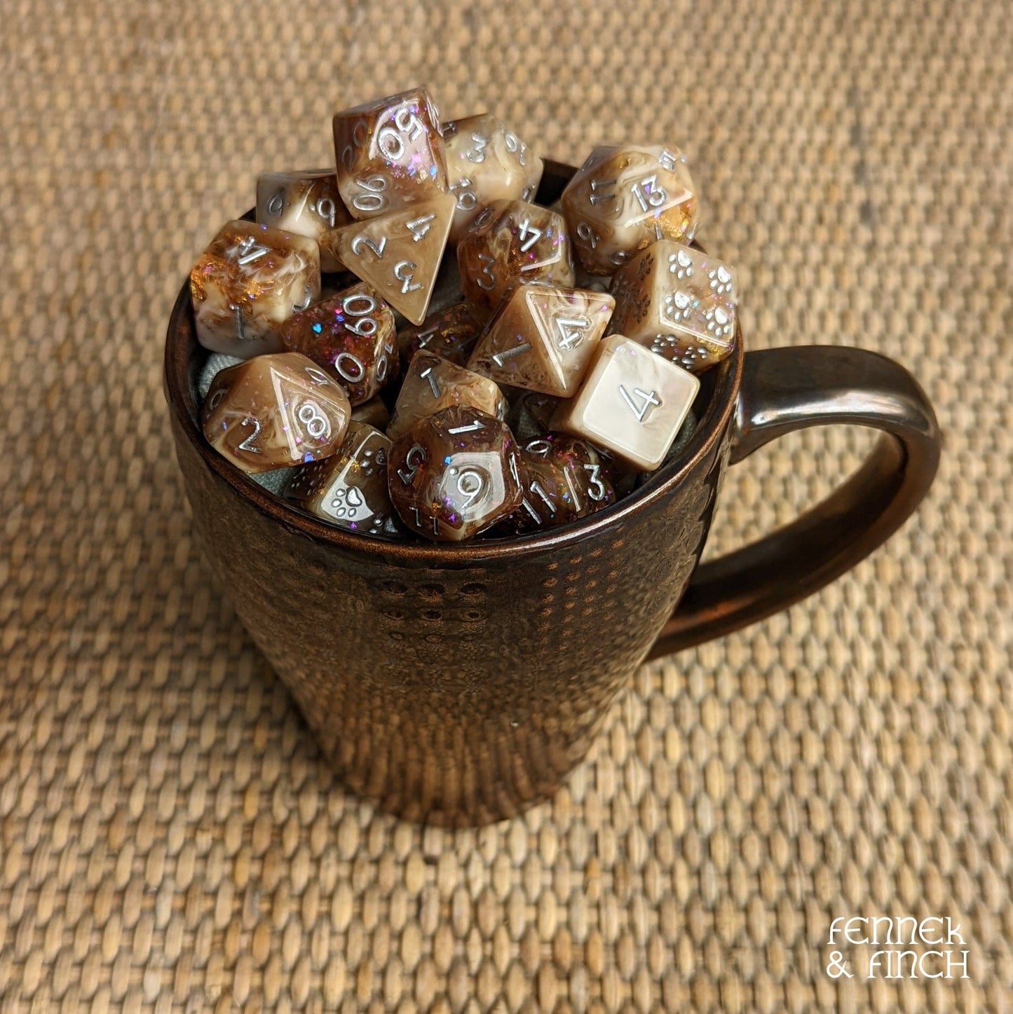 Magic Brew Coffee Dice Set. Brown and cream resin, with Glitter and Foil