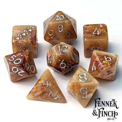 Magic Brew Coffee Dice Set. Brown and cream resin, with Glitter and Foil